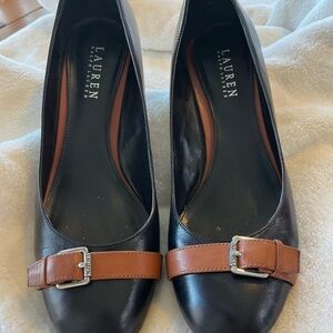 Lauren Ralph Lauren Black and Brown Flats with Buckle Detail
